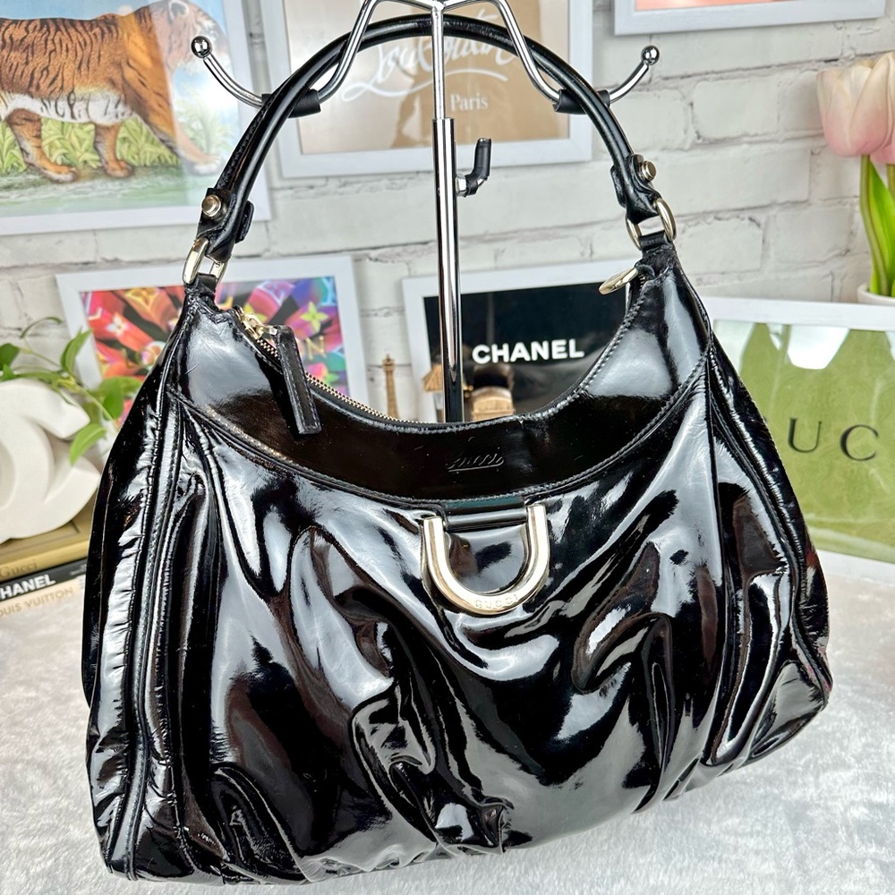 Gucci Black Patent Leather Shoulder Bag with Silver Hardware